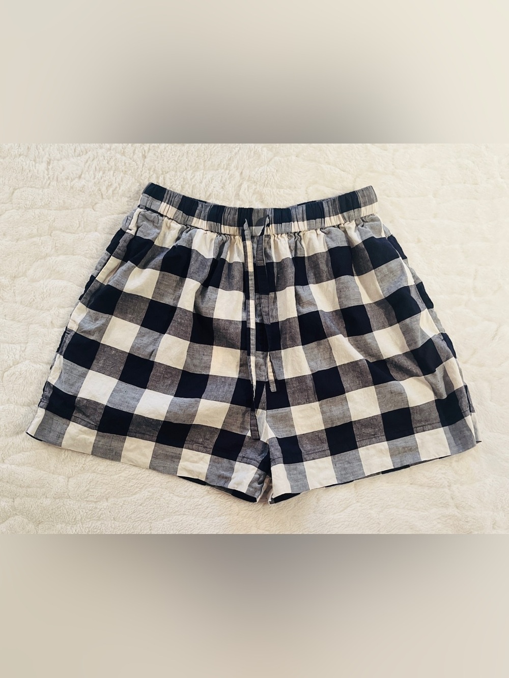 COS Navy Gingham Linen Blend Relaxed Shorts with pockets size S